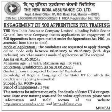 NIACL में 500 पदों पर भर्ती: दि न्यू इंडिया एश्योरेंस कंपनी लिमिटेड में निकली 500 भर्तियाँ – ग्रेजुएट्स के लिए सुनहरा अवसर, 6 जून से करें आवेदन